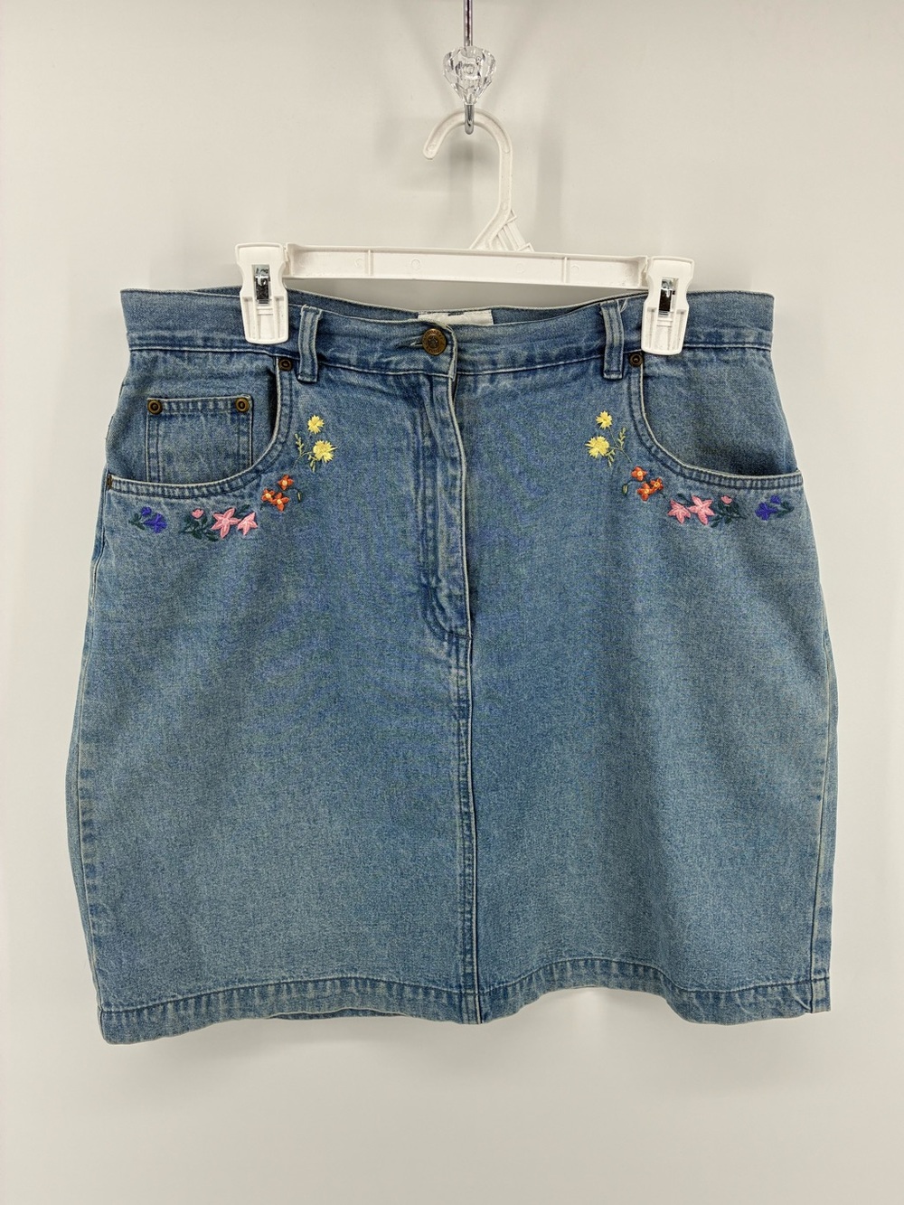 Vintage Christopher & Banks Light Blue Denim Skirt Floral Embroidered Pockets